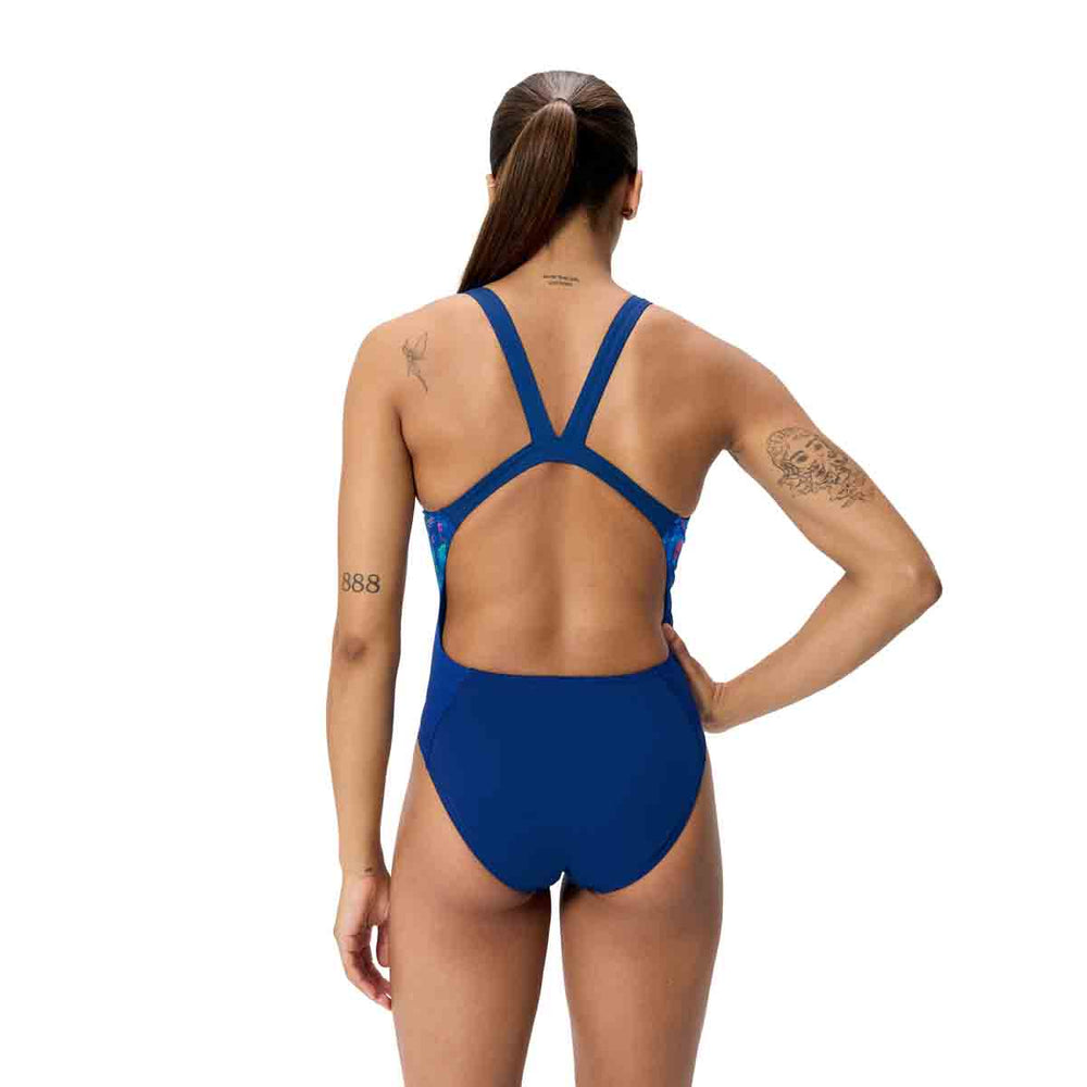 Speedo Womens FL Placement Printed Leaderback Swimsuit - Pixel Pool/Navy | Allens Of Kingsbury