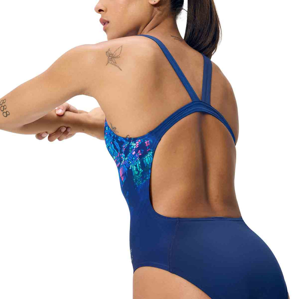Speedo Womens FL Placement Printed Leaderback Swimsuit - Pixel Pool/Navy | Allens Of Kingsbury