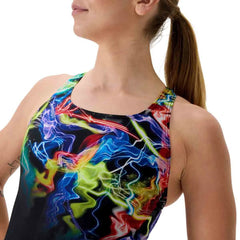Speedo women's printed Powerback swimsuit in Static Volta and Anthracite, featuring a vibrant floral design and supportive fit.