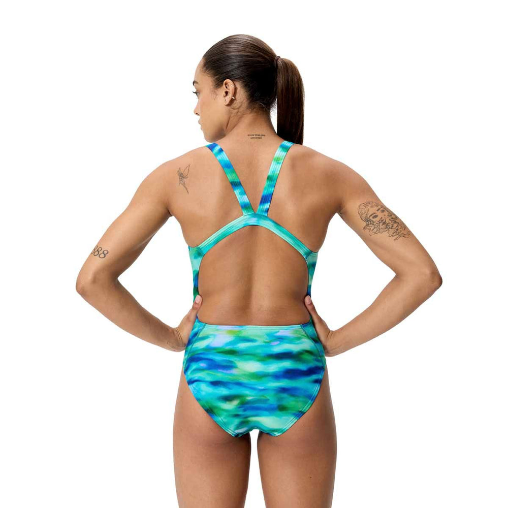 Speedo Womens FL Printed Leaderback Swimsuit - Sunset Grove/Green | Allens Of Kingsbury