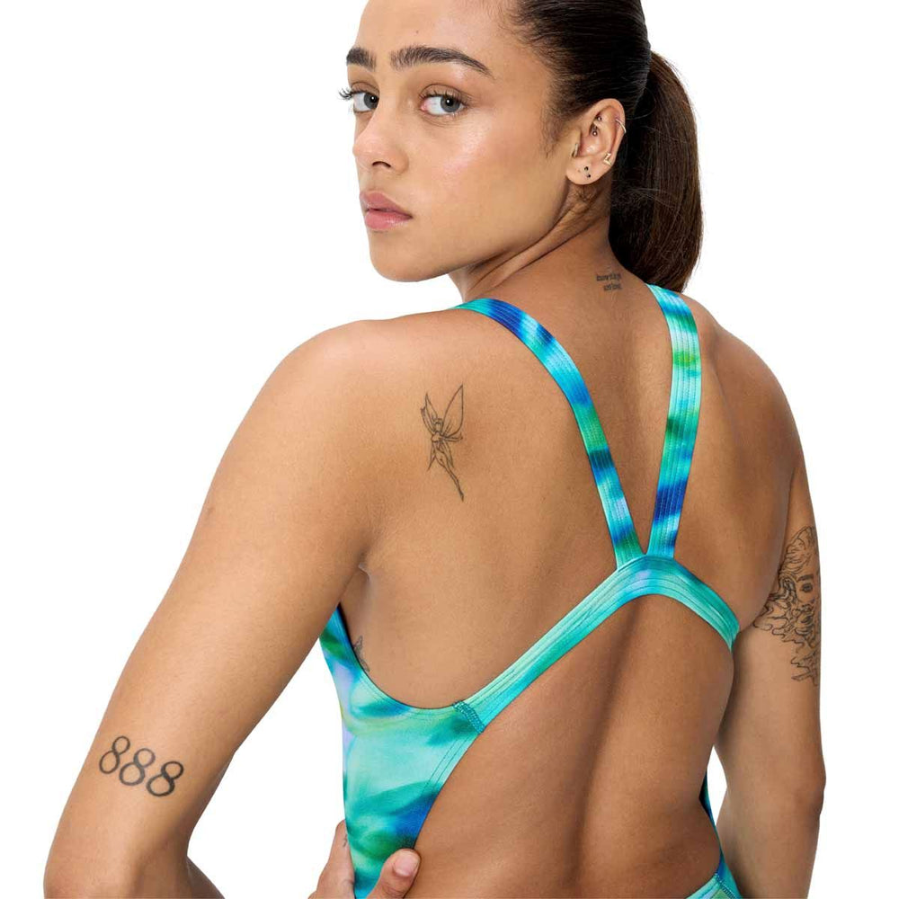 Speedo Womens FL Printed Leaderback Swimsuit - Sunset Grove/Green | Allens Of Kingsbury