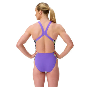 Speedo women's FL printed Powerback swimsuit with fronds and indigo glow pattern, designed for swimming and active water sports.