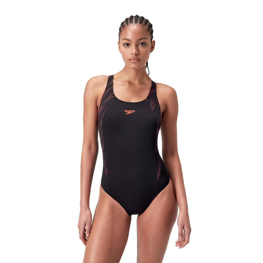 Speedo Women's HyperBoom Splice Muscleback Swimsuit in black, plum dandy, and siren red, featuring a sleek, athletic design. 1200