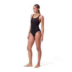 Speedo women's HyperBoom Splice muscleback swimsuit in black, plum dandy, and siren red, designed for swimming and training.