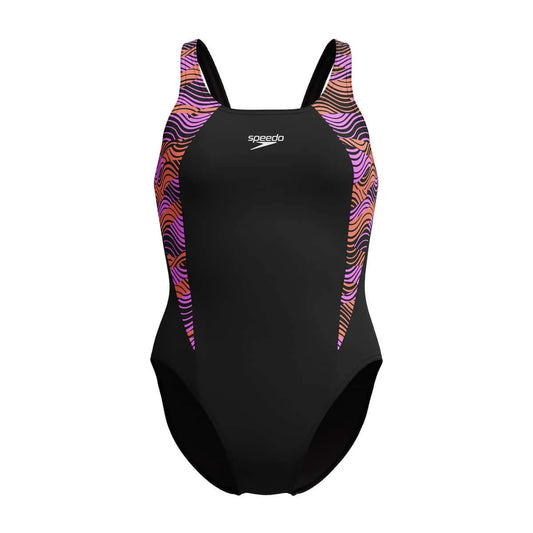 Speedo Women's HyperBoom Splice Muscleback Swimsuit in black, purple, and pink, featuring a sleek design for competitive swimming. 1200