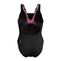 Speedo women's HyperBoom Splice muscleback swimsuit in black, purple, and pink, designed for performance and comfort.