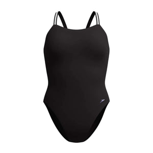 Speedo women's Vanquisher active back swimsuit in black and silver, featuring a streamlined design and supportive fit.