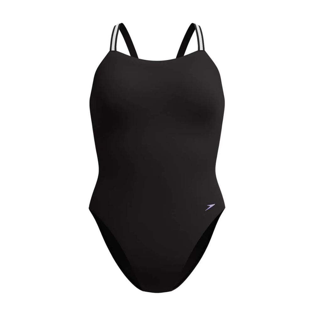 Speedo women's Vanquisher active back swimsuit in black and silver, featuring a streamlined design and supportive fit.