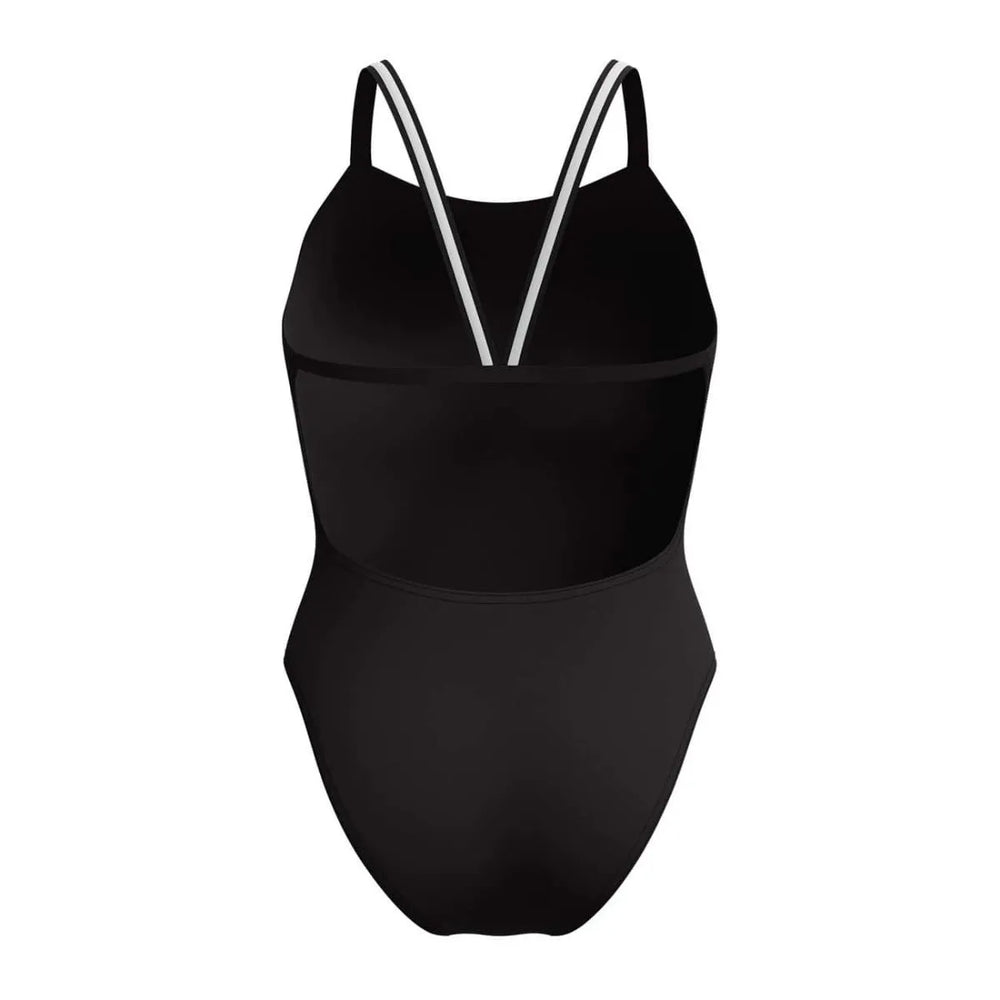 Speedo women's Vanquisher active back swimsuit in black and silver, featuring a sleek design and supportive fit for swimming.