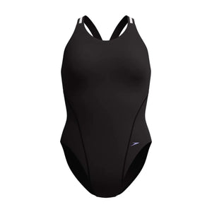 Speedo Women's Vanquisher performance back swimsuit in black and silver, designed for competitive swimming and sleek fit.