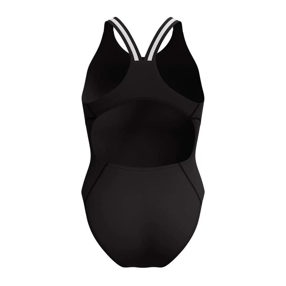 Speedo Women's Vanquisher Performance Back Swimsuit in black and silver, designed for competitive swimming and athletic use.