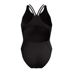 Speedo Women's Vanquisher Performance Back Swimsuit in black and silver, designed for competitive swimming and athletic use.