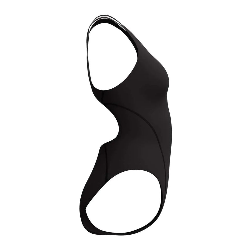 Black and silver Speedo Women's Vanquisher Performance Back Swimsuit, sleek athletic swimwear for women.