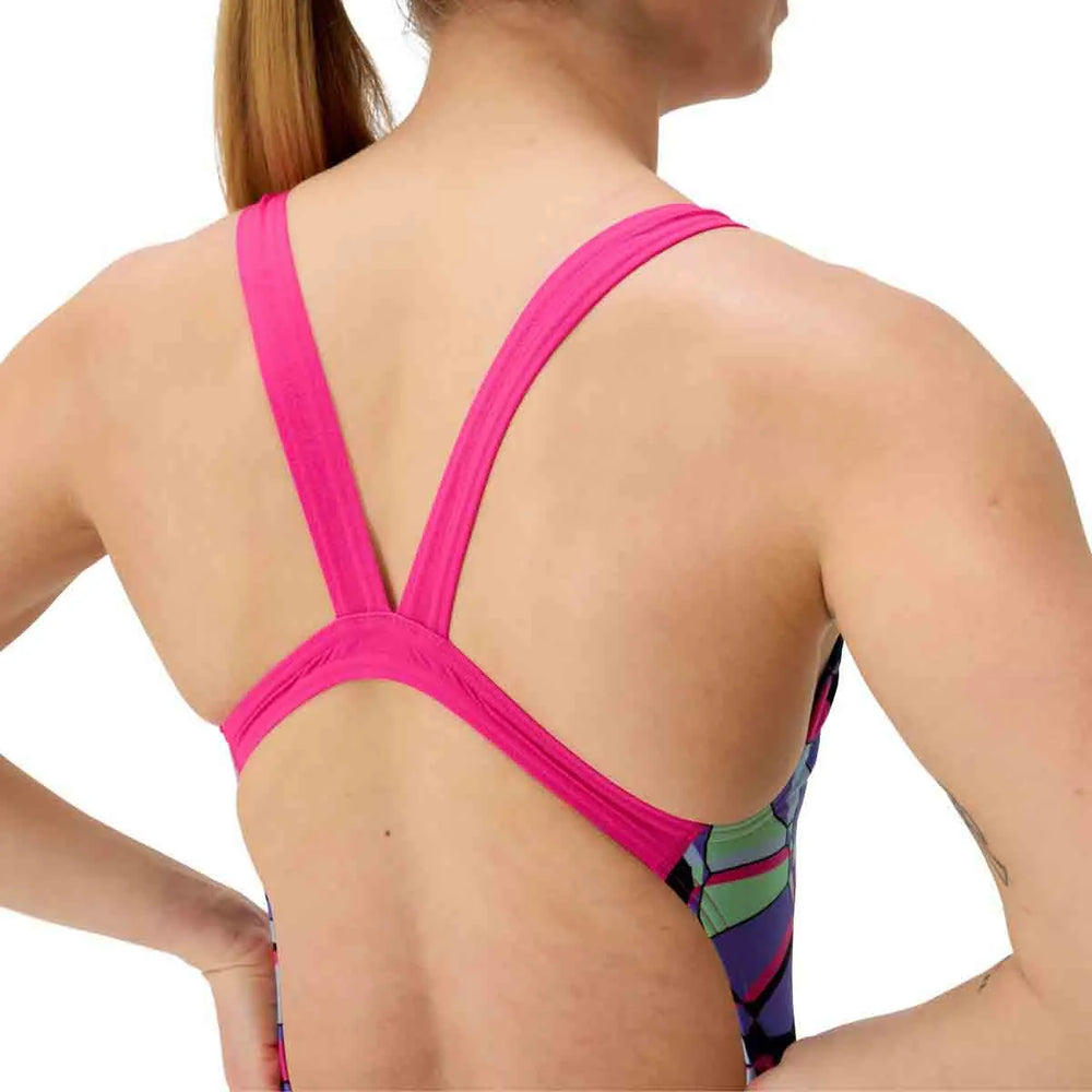 Speedo women's FL Printed Leaderback swimsuit in Facets Flare Pink, featuring vibrant floral pattern and supportive design.