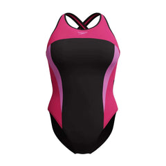 Speedo women's high neck splice cross back swimsuit in black and raspberry, featuring a sleek design and supportive fit.