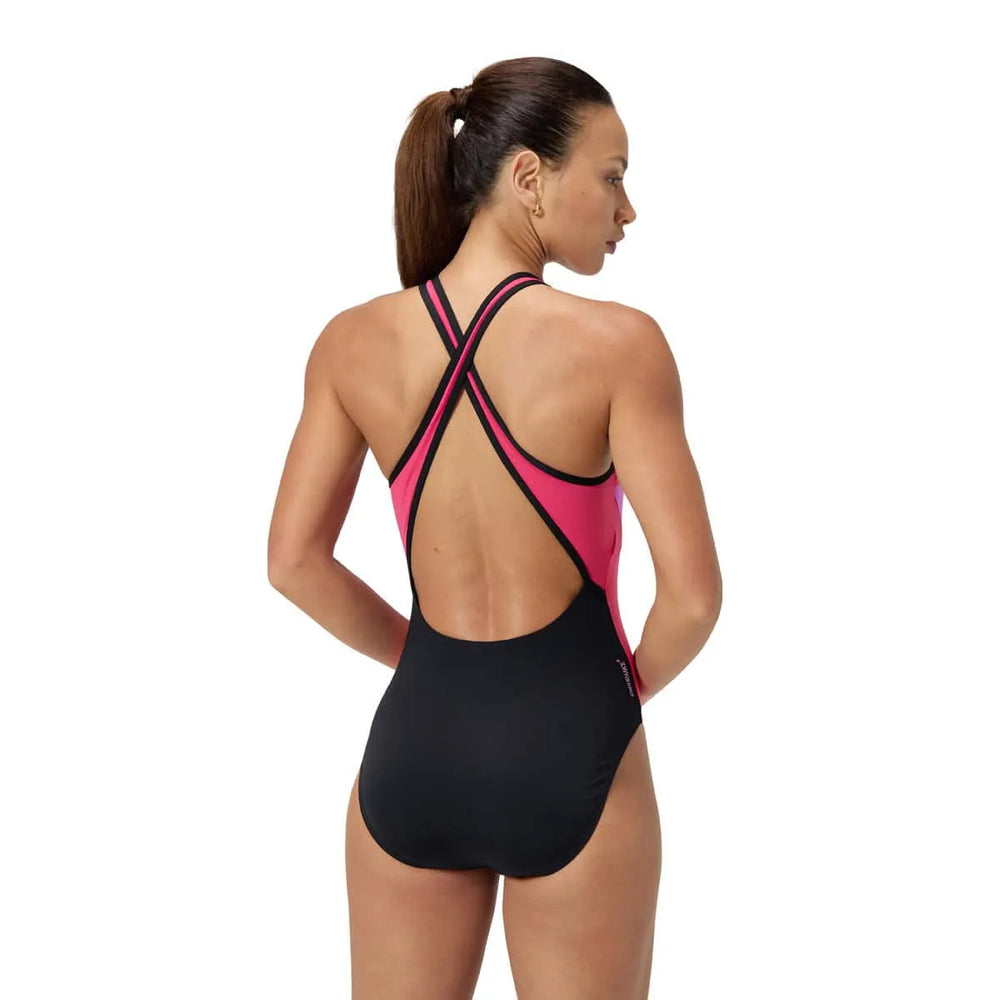 Black and raspberry Speedo women's high neck cross back swimsuit with splice design, suitable for swimming and water activities.