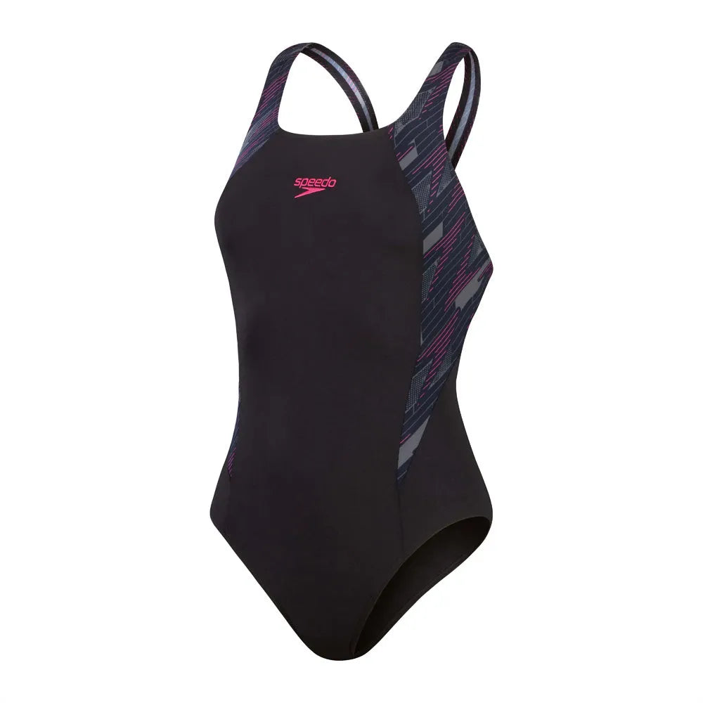 Speedo women's HyperBoom Splice muscleback swimsuit in black, electric pink, and charcoal with sleek design and supportive fit.
