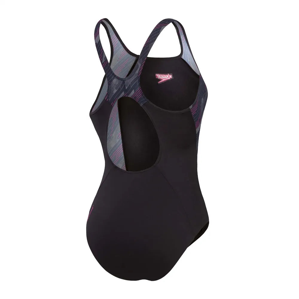 Speedo women's HyperBoom Splice Muscleback swimsuit in black, electric pink, and USA charcoal, featuring a sleek athletic design.