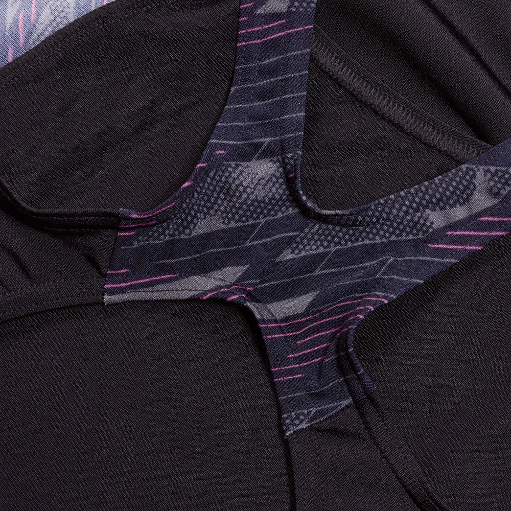 Speedo Women's HyperBoom Splice Muscleback Swimsuit in black, electric pink, and USA charcoal, designed for athletic swimming.