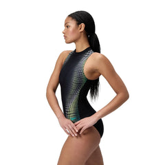 Speedo women's turquoise Hydrasuit swimsuit with bold placement pattern, designed for performance and comfort in the water.