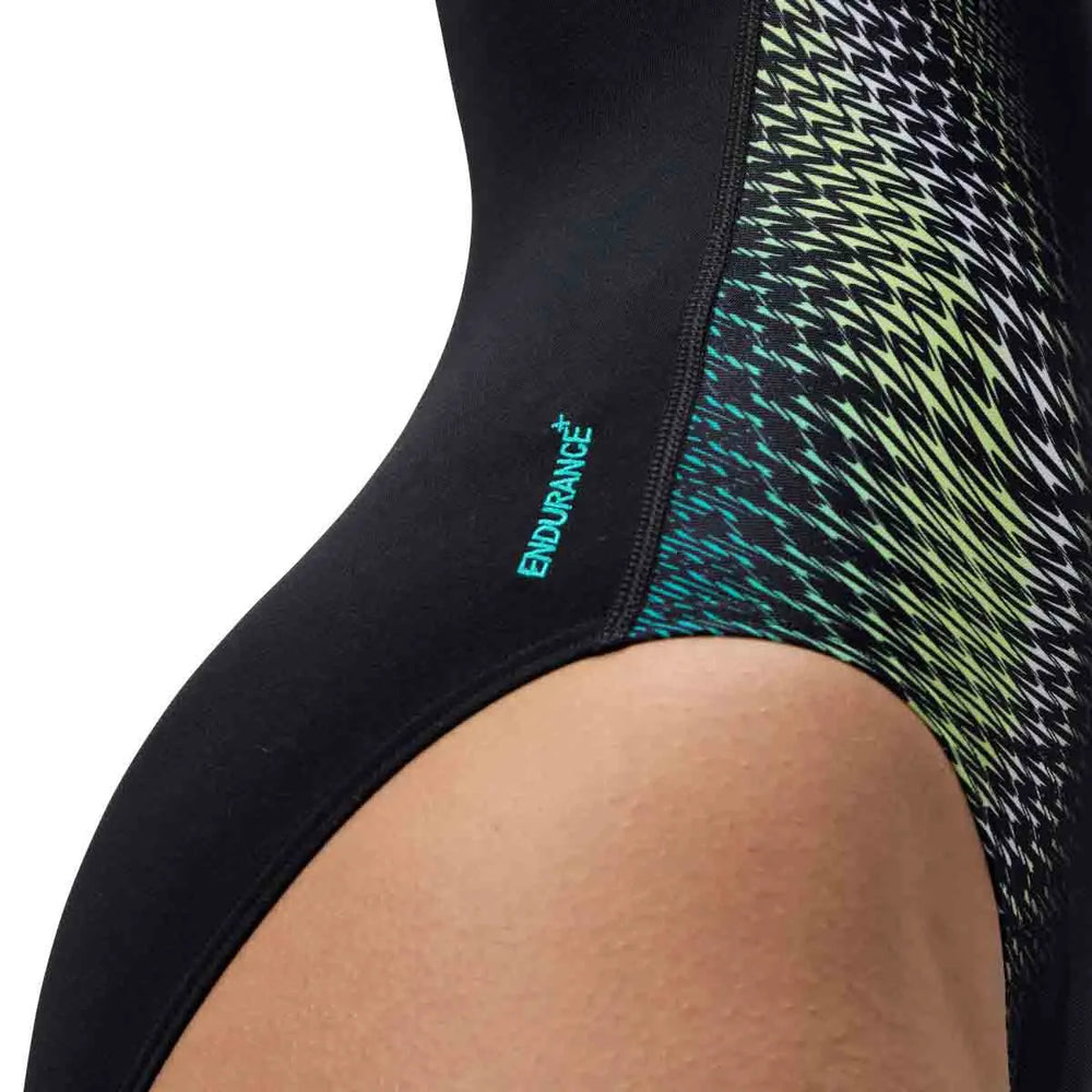 Speedo women's turquoise Gem Hydrasuit swimsuit with sleek, fitted design and placement pattern for active swimming and water sports.