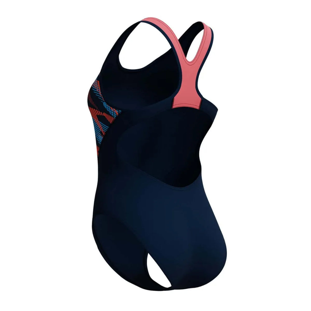 Speedo women's placement laneback swimsuit in true navy, featuring a sleek design and supportive fit for swimming activities.
