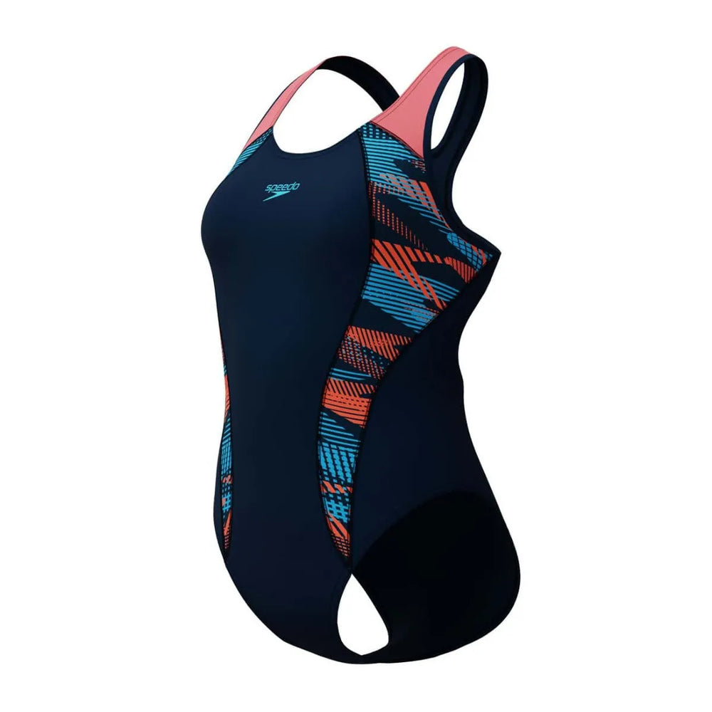Speedo women's placement laneback swimsuit in true navy, featuring a sleek design and comfortable fit for swimming.