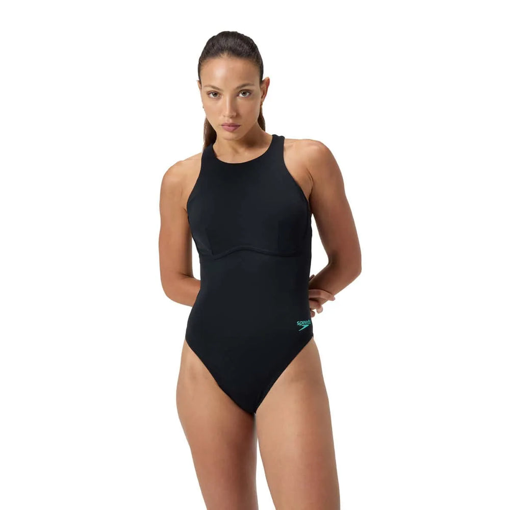 Speedo women's racer zip swimsuit with built-in swim bra in anthracite, featuring a sleek, fitted design perfect for competitive swimming.