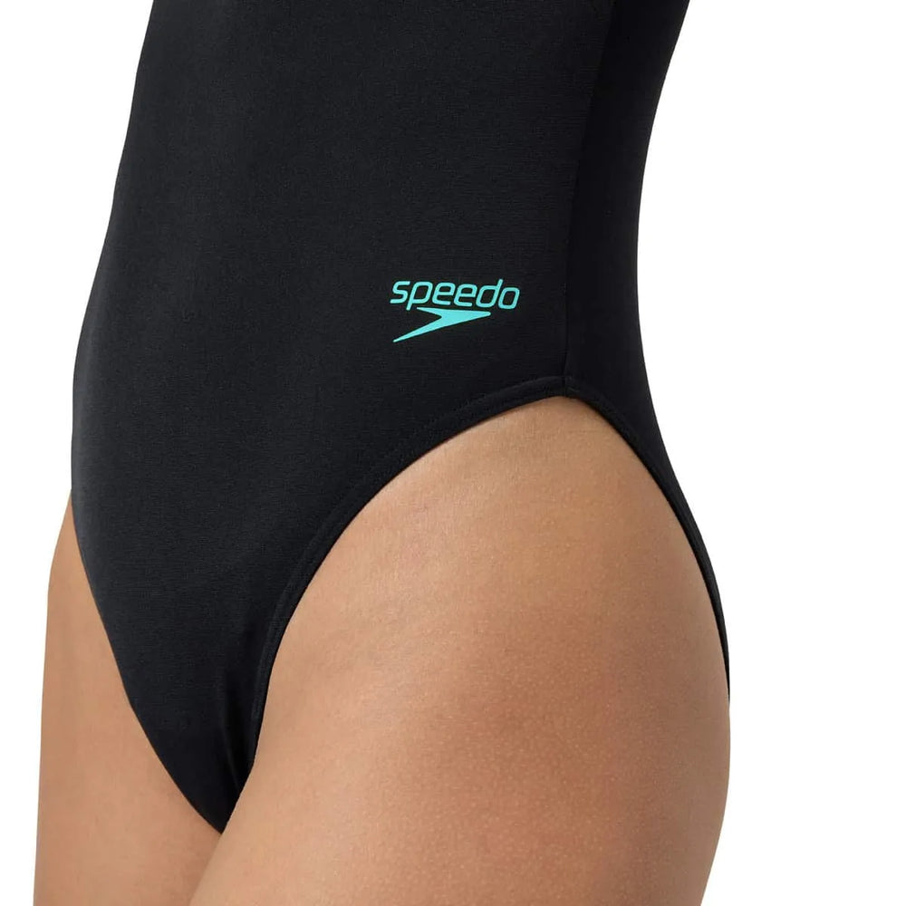 Speedo women's racer zip swimsuit with built-in swim bra in anthracite, designed for active swimming and comfort.