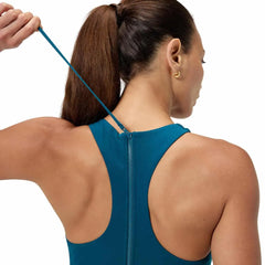 Speedo women's racer zip swimsuit with built-in swim bra in dark teal, featuring a sleek, form-fitting design for active swimming.