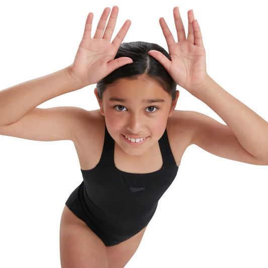 Speedo girls' Eco Endurance+ Medalist swimsuit in vibrant blue, featuring a sleek design and comfortable fit for young swimmers. 1000