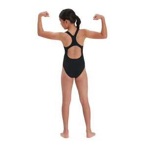 Speedo girls' Eco Endurance+ Medalist swimsuit in vibrant pink, featuring a sleek design for young swimmers.