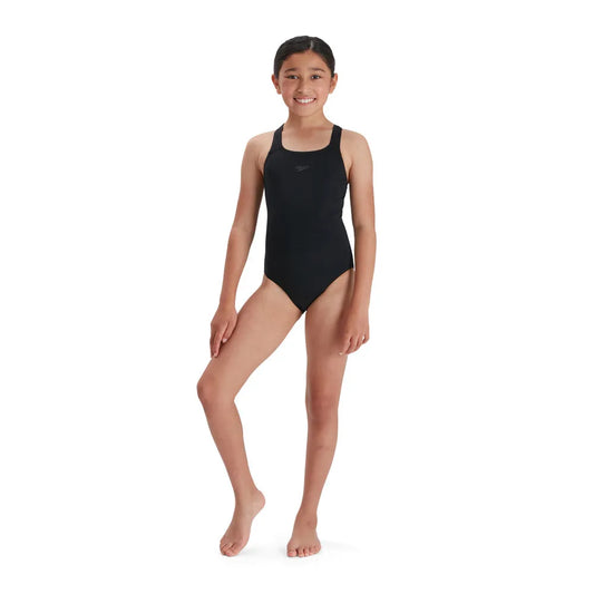 Speedo girls Eco Endurance+ Medalist swimsuit featuring a colorful, stylish design for young swimmers, made with durable, eco-friendly fabric. 1000