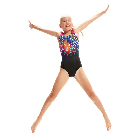 Speedo girls' digital placement hearts splashback swimsuit, colorful one-piece swimwear with cheerful heart design for girls. 1000