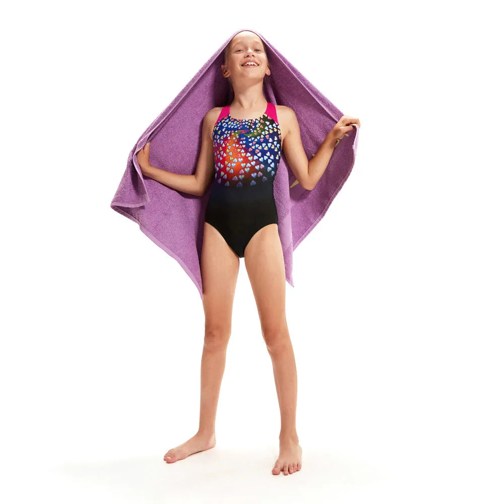 Speedo girls' digital placement hearts swimsuit with splashback design, vibrant pink and blue colors, perfect for swimming and active wear.