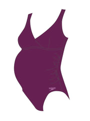 Speedo women's purple V-neck maternity swimsuit with U-back design, stylish and comfortable for swimming and maternity wear.
