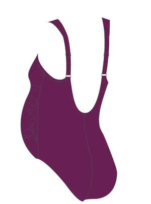 Speedo women's purple maternity swimsuit with V-neck and U-back design, suitable for swimming and maternity wear.