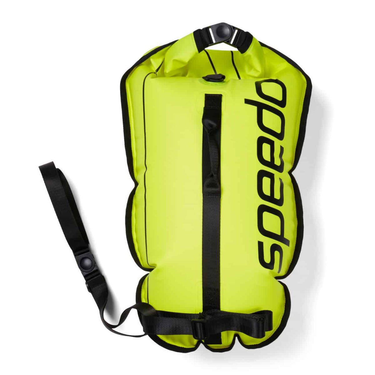 Yellow and black Speedo OW Tow Float with dry bag, designed for swimming safety and visibility during water activities.