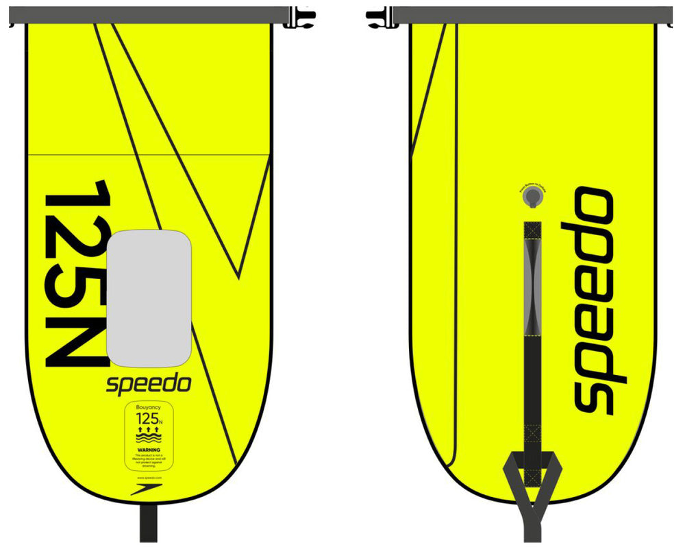 Speedo OW Tow Float with Dry Bag in yellow and black, designed for swimming safety and visibility during water activities.
