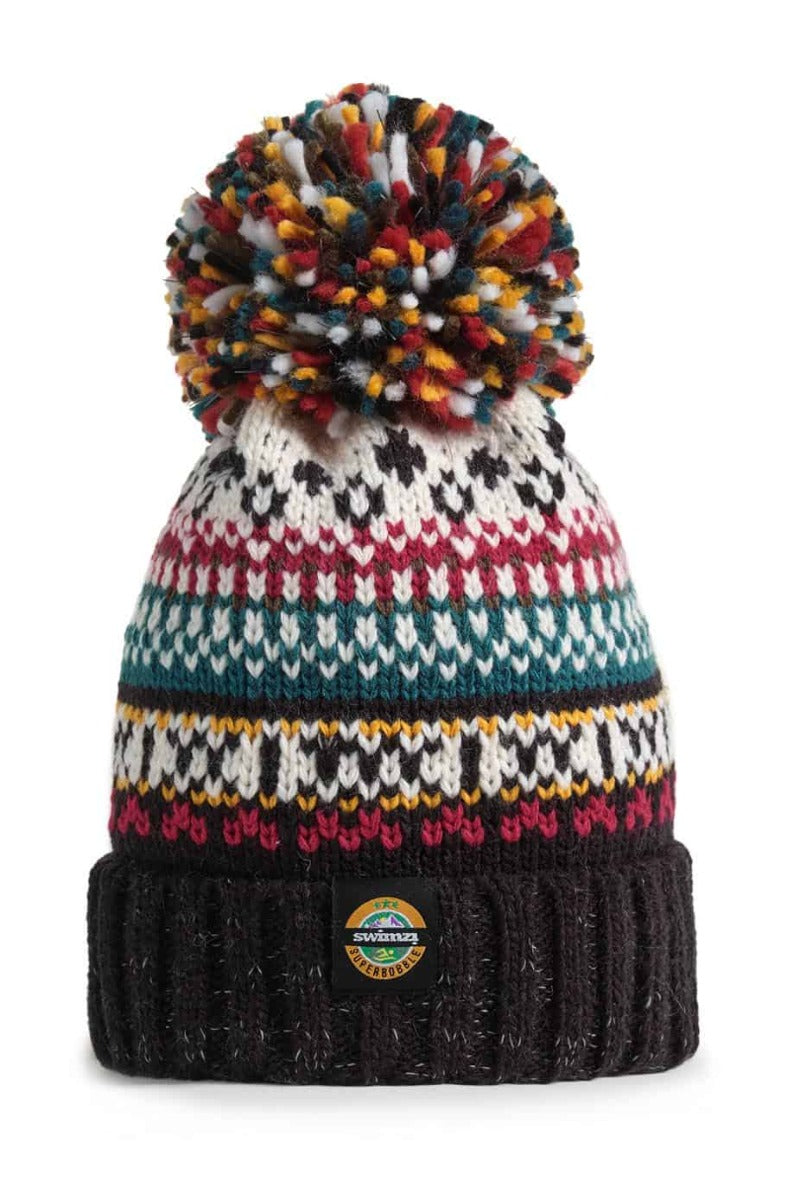 Swimzi Jet Black Traditional Nordic Knit Super Bobble Hat - Multi | Allens Of Kingsbury