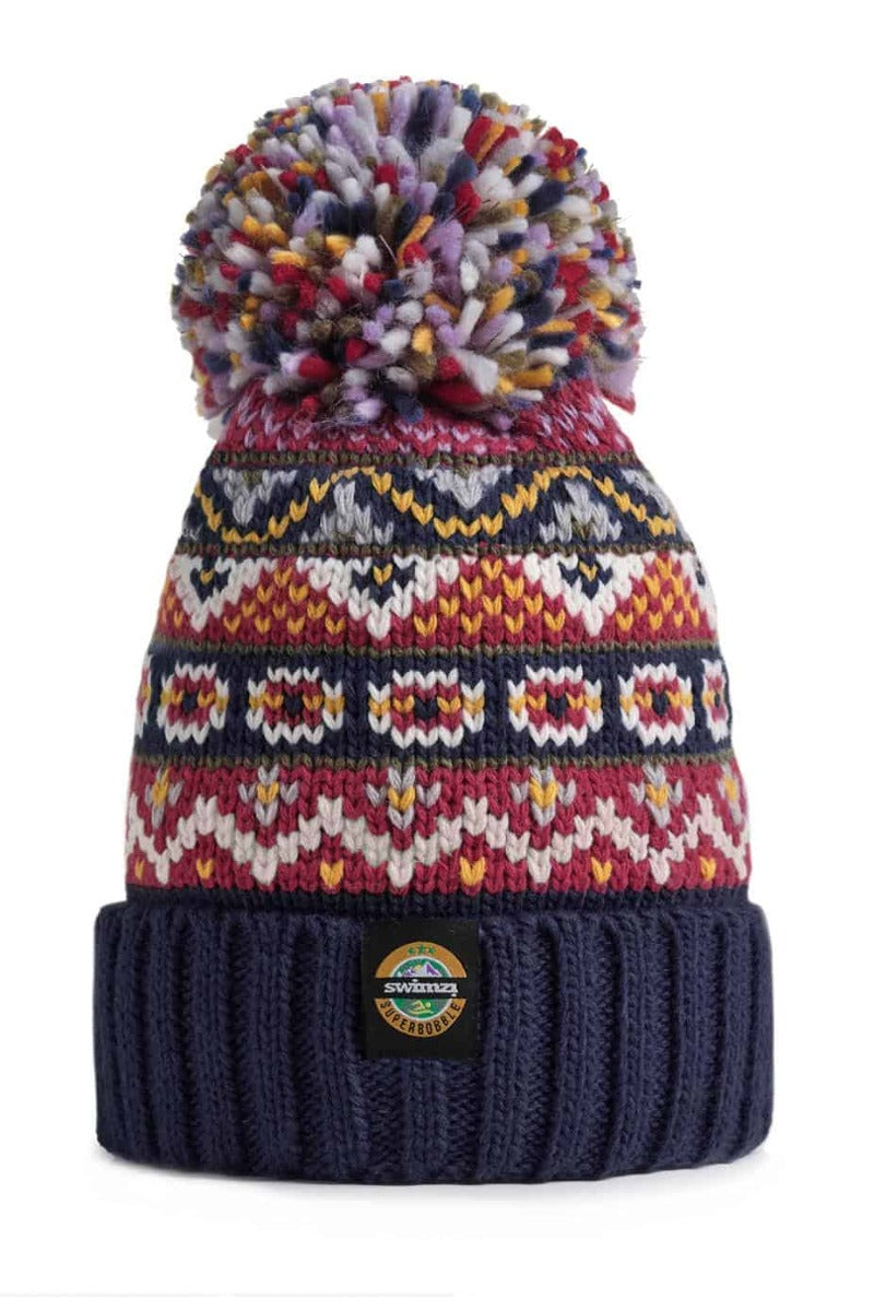 Swimzi Midnight Blue Traditional Fairisle Knit Super Bobble Hat - Multi | Allens Of Kingsbury