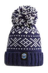 Swimzi navy Nordic knit super bobble hat in blue with a cozy, textured design, perfect for cold weather.