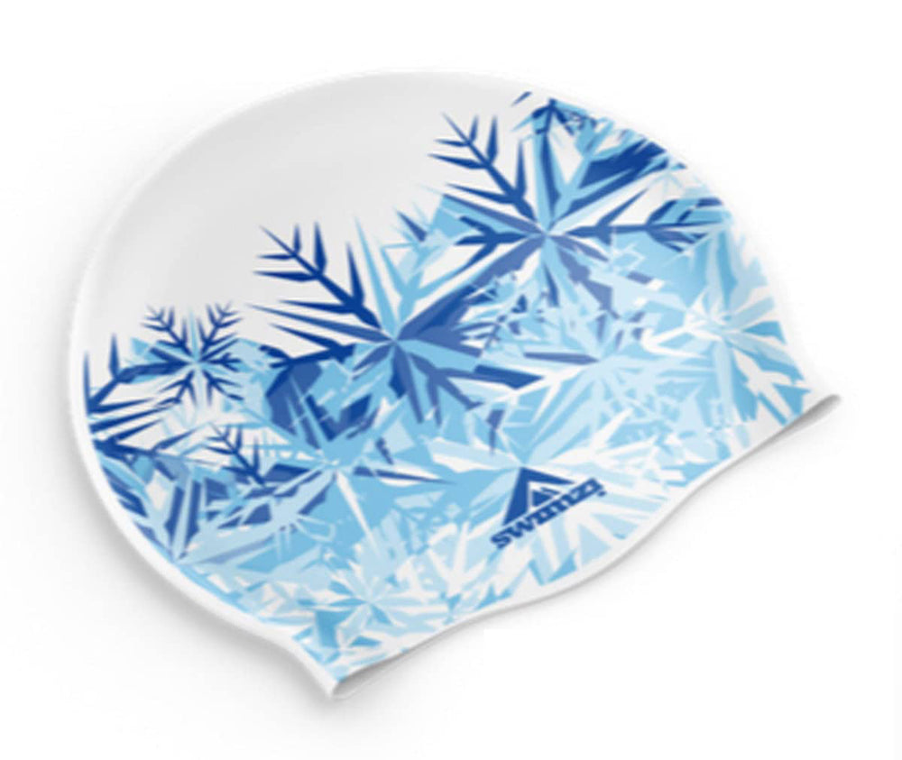White Frost Christmas Swimzi swim cap for women, featuring a festive winter design, made of durable, comfortable silicone material.