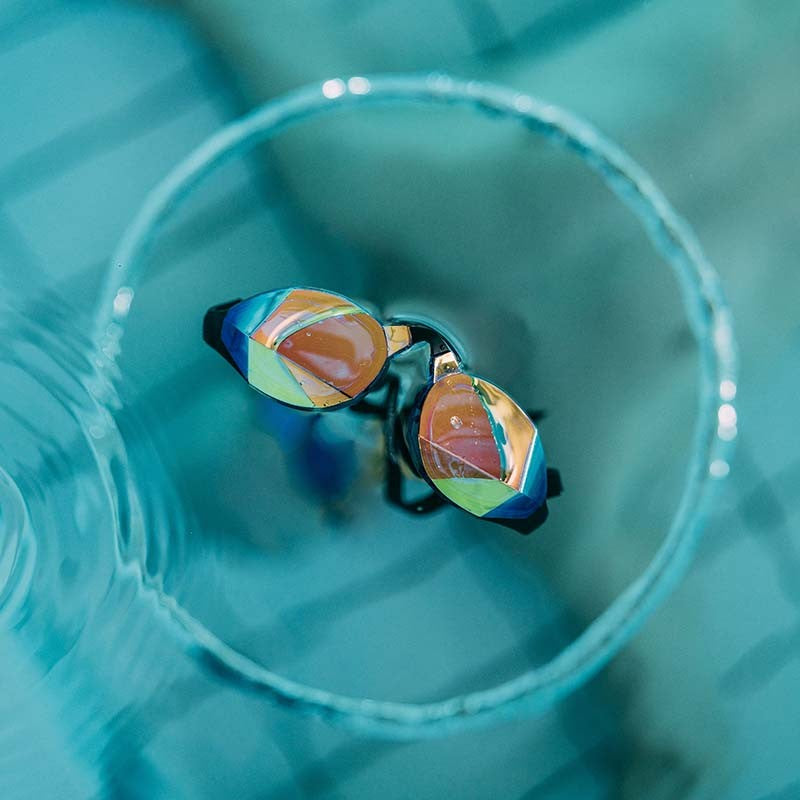 TheMagic5 Blue Magic Mirror Gold custom goggles with blue and gold mirrored lenses, designed for outdoor sports and activities.