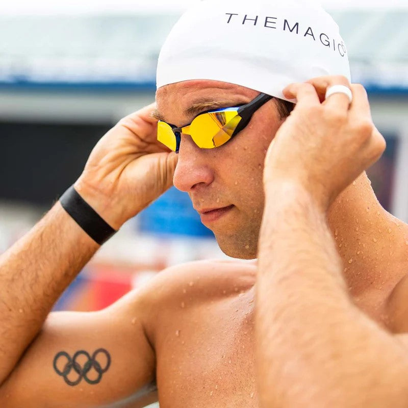 TheMagic5 Blue Magic Mirror Gold custom goggles with blue and gold mirrored lenses, designed for stylish eye protection.