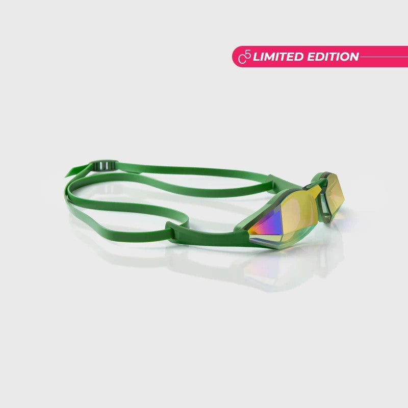 TheMagic5 Limited Edition Green Gold custom goggles with green and gold mirror lenses, designed for stylish eye protection.