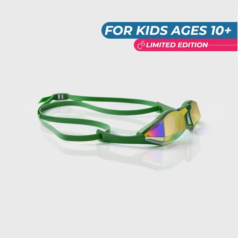 TheMagic5 Limited Edition Green Gold Youth Custom Goggle with green and gold mirror lenses, designed for a stylish and secure fit.