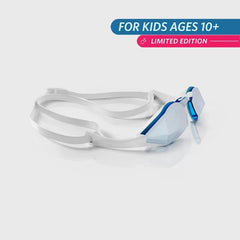 TheMagic5 Limited Edition White Blue Silver Youth Goggle with blue and silver mirror lenses, featuring a sleek custom design.