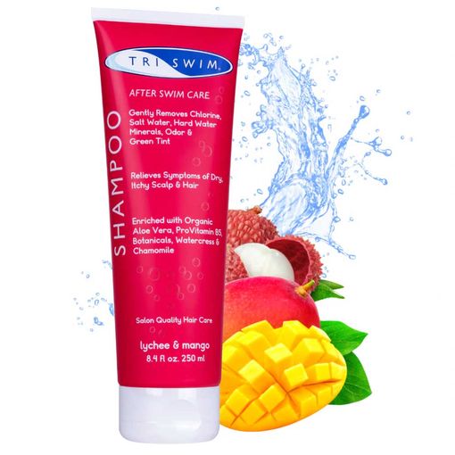 Triswim Shampoo 250ml in red bottle, designed for self-care and recovery, with a pump dispenser and vibrant red packaging.