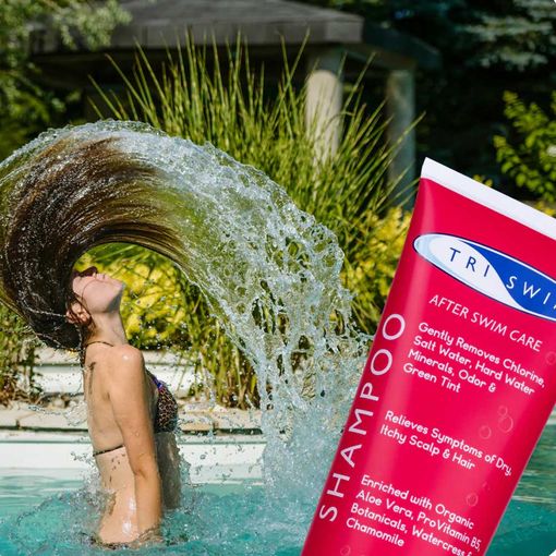 Triswim Shampoo 250ml in red bottle, self-care and recovery hair product with blue and white label featuring Triswim branding